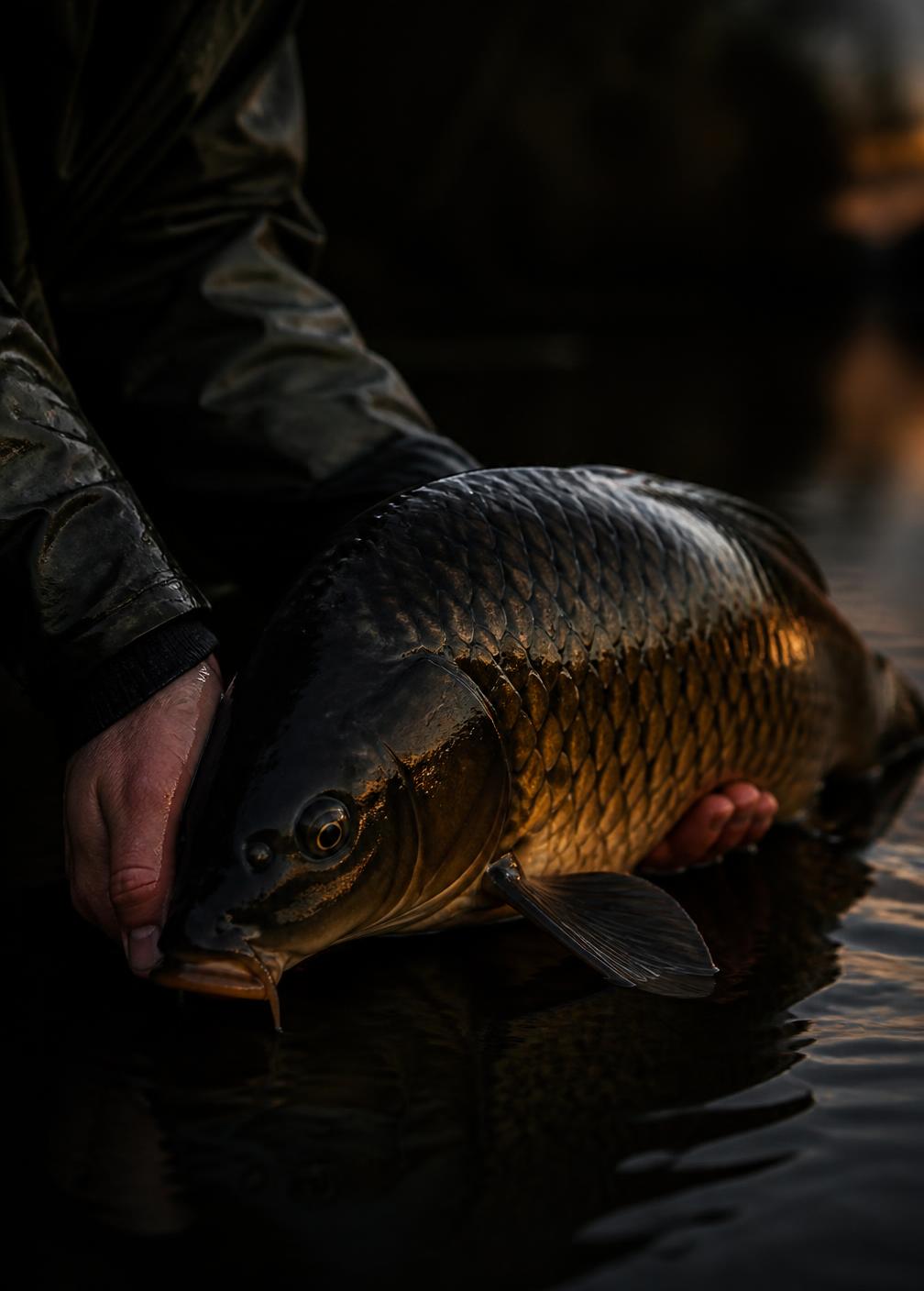 Angler holding a freshly caught carp at the water's edge